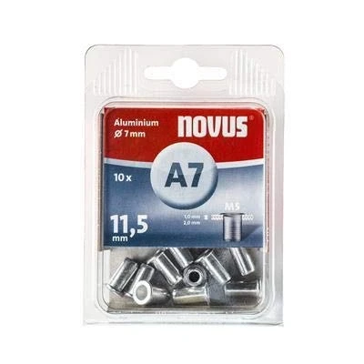 Abbildung von Novus Blindnietmutter Ø7 mm Aluminium, 10 Nietmuttern, M5 Gewinde, 11,5 Länge, für Kunststoff und Leichtbaumaterial