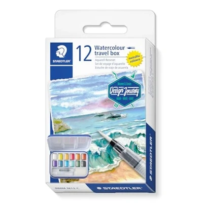 Abbildung von STAEDTLER Design Journey 888 Aquarellfarbe, Hochpigmentierte Aquarellfarben in brillanten Farben, Aquarellfarbkasten Journey, 12 Farben Sortiert, 888M M12 C