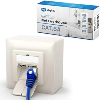 Abbildung von hb digital 1x CAT 6a Netzwerkdose für CAT.8 CAT.7 CAT.6A CAT.6 CAT.5 Verlegekabel mit 2X RJ45 Port Aufputz / Unterputz Datendose Universal EIA/TIA 568A&amp;B 8P8C Gigabit Ethernet RAL9010 Reinweiß