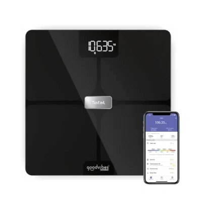 Abbildung von Tefal Goodvibes BM9670S1 Smart Waage, 14 Körperanzeigen, unbegrenzte Benutzeranzahl, 180 kg Kapazität und Glasplatte 32 x cm, Schwarz