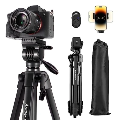 Abbildung von Kamera Stativ, Arsoer 152 cm Stativ Mit Fluidkopf für Sony/Canon/Nikon Kamera, Aluminium Handy Universal Telefonhalterung &amp; Fernbedienung Tasche iPhone 15 Pro Max/Xiaomi/Samsumg