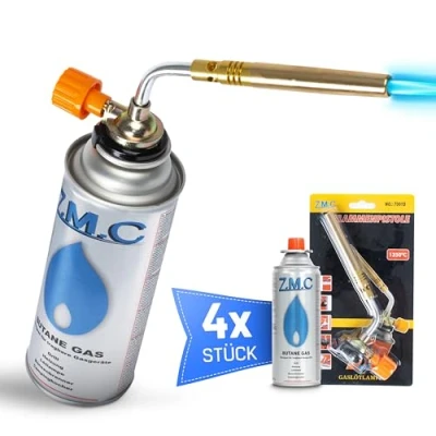 Abbildung von ZMC Flambierbrenner Lötbrenner Gasbrenner Lötlampe 1,65 kW bis zu 1371 C + Gaskartuschen, (Schweißbrenner mit einstellbarer Flamme, Bunsenbrenner Küchenbrenner, 4 tlg), Abflammgerät Brenneraufsatz ideal für Camping