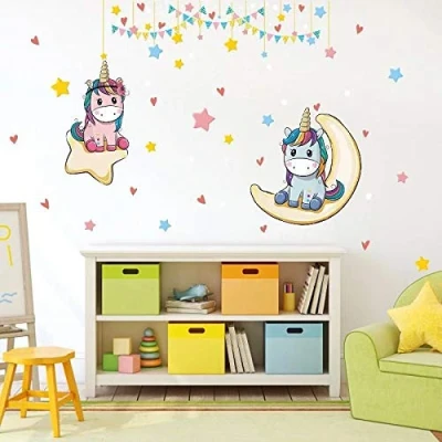 Abbildung von Kibi Einhorn Wandtattoo mit Sternen Bunt Einhörner Babyzimmer Wandsticker Mädchen Entfernbarer Wandaufkleber Kinderzimmer Schlafzimmer Wanddekoration