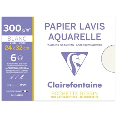 Abbildung von Clairefontaine 96340C Mappe Aquarellpapier (ideal für Nasstechniken, 300 g, 24 x 32 cm, 6 Bögen) weiß