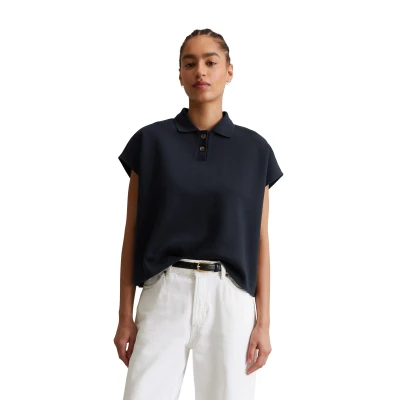 Abbildung von Marc OߴPolo Denim Damen Kurzarm Poloshirt aus Bio Baumwolle Wide Fit, Blau (Blue Depths), L