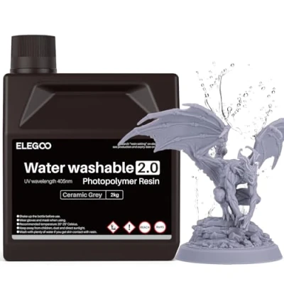 Abbildung von ELEGOO Upgraded 405nm Wasser Waschbares Resin 2.0,Water Washable 3D Drucker Rapid Harz mit Geringerer Schrumpfung und Höherer Präzision für LCD/DLP/SLA/3D Grau 2000g