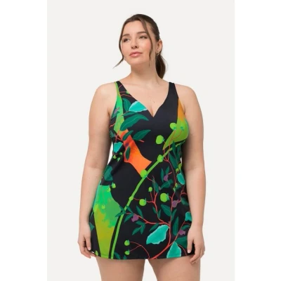 Abbildung von Ulla Popken Colorful LEAF Print Badeanzug, Damen, Größe: 44, Black