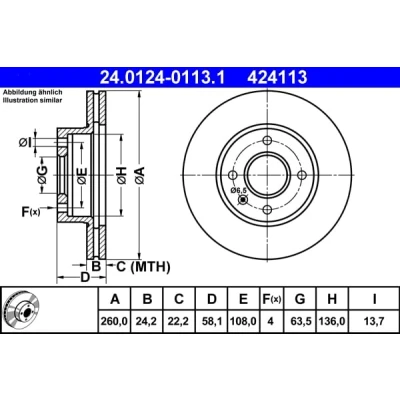 Abbildung von ATE 24.0124 0113.1 Bremsscheibe 260,0 24,2 4 108,0 Belüftet FORD: Sierra Mk2 Kombi, Limousine, ESCORT