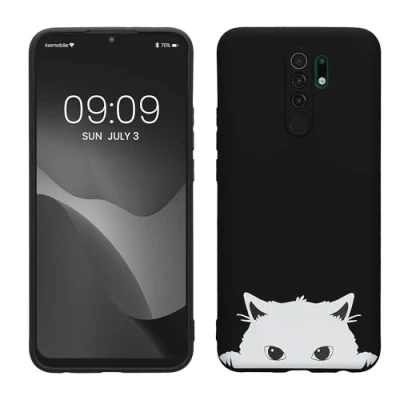 Abbildung von kwmobile Hülle kompatibel mit Xiaomi Redmi 9 Handyhülle Silikon Case Neugierige Katze Schwarz Weiß