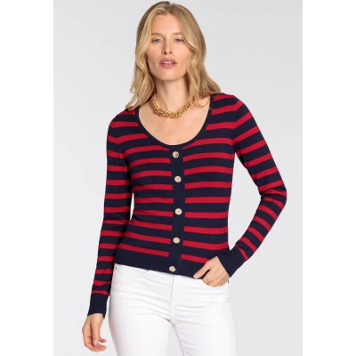 Abbildung von DELMAO Damen Strick Pullover mit Zierknopfleiste Alltags Sweater 23147124 Rot/Dunkelblau