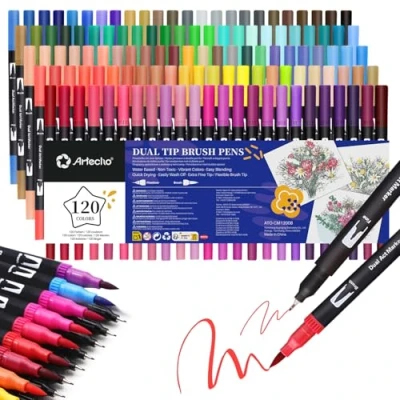 Abbildung von Artecho Dual Brush Pen Set 120 Farben, Fineliner set, Filzstifte Dicke und Dünne, Pinselstifte Stifte für Bullet journal, Kalligraphie, Manga, Malbücher Handlettering