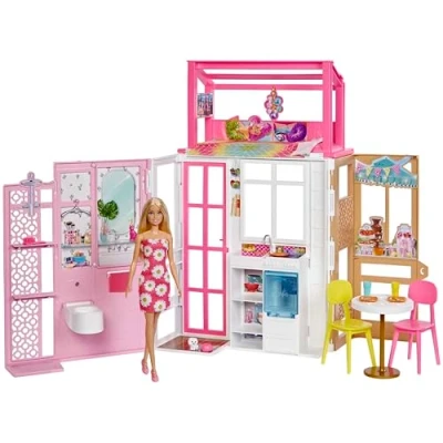 Abbildung von Mattel® Puppenhaus HHY40 Barbie mit 4 Spielbereichen, komplett eingerichtet mi