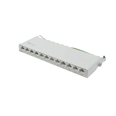 Abbildung von Good Connections Patchpanel/Patchfeld Desktop Cat. 6A, 500 MHz 10 GIGABIT fähig 12 Port 0,5 HE STP geschirmt werkzeugloses Öffnen Lichtgrau (RAL7035)