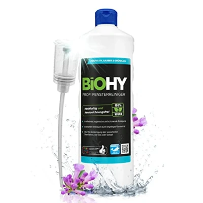 Abbildung von BiOHY Profi Fensterreiniger (1l Flasche) + Dosierer Glasreiniger Konzentrat für Fenstersauger geeignet streifenfreie Reinigung von Glas , Fenster &amp; Spiegelflächen ideal Haushalt Auto