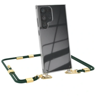 Abbildung von EAZY CASE kombinierbare Handyketten kompatibel mit Samsung Galaxy S23 Ultra, Transparente Silikon Hülle stylischen rundem Umhängeband, Abnehmbarer Karabiner, Wechselgurt, Pinien Grün Gold