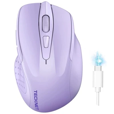 Abbildung von TECKNET Bluetooth Maus, Wiederaufladbare Maus Kabellos(DREI Modi: BT 5.0/3.0 + 2.4G), 4800 DPI, Ergonomische Leise Funkmaus für Laptops, Mac OS, Android, Windows, Helles Lila