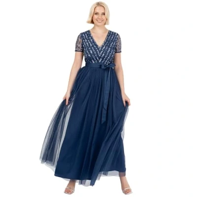 Abbildung von Maya Deluxe Damen Maxi Dress for Women Ladies Bridesmaid V Neck Ball Gown Short Sleeves Long Elegant Empire Waist Wedding Brautjungfernkleid, French Navy, 50
