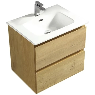 Abbildung von Alpenberger Waschbecken mit Unterschrank 60 cm Breit Eiche Natur Aufsatzwaschbecken Waschbeckenunterschrank Waschplätze Waschtisch Gäste WC Möbel Set Waschtischunterschrank Hängend