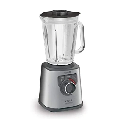 Abbildung von Krups KB403D Perfectmix + Hochleistungsstandmixer, 1.200W, 28.000 UpM, 2L Glasbehälter, 3 voreingestellte Programme, Powelix Technologie, Edelstahl/Dunkelgrau