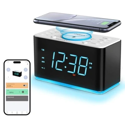 Abbildung von iTOMA Radiowecker, 15 Watt kabellose Ladegerät, APP Steuerung, Bluetooth, USB Anschluss, Dual Alarm, Snooze, Dimmer, 1,4 Zoll Display Eisblau LED Nachtlicht CKS207 (207A)
