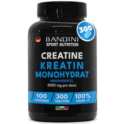 Abbildung von Bandini® Kreatin Monohydrat 300 Tabletten Training, Sport, Fitness 100 Tage Vorrat Alternative zu Kapseln und Pulver Pre Intra Workout Halal Vegan, Mesh Factor 200