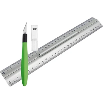 Abbildung von Wedo Lineal aus Aluminium 30 cm mit Griff für Rechts und Linkshänder rutschsicherer Gummieinlage im Set Cutter Skalpell Comfortline Softgriff inklusive 5 Ersatzklingen Schutzkappe