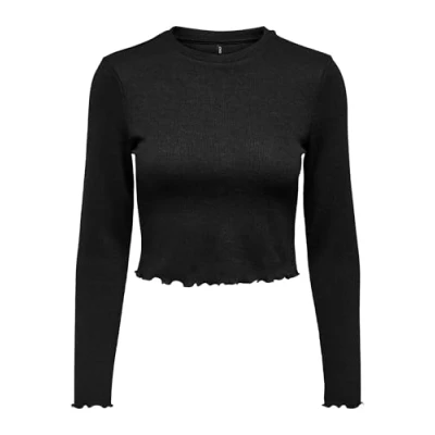 Abbildung von Damen Cropped Top Oberteil mit Rüschen Geripptes Longsleeve Einfarbiges Volant Shirt
