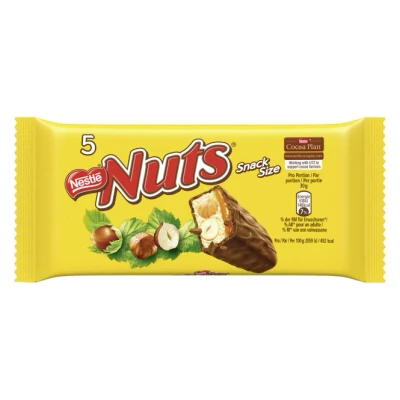Abbildung von Nestlé NUTS, Haselnuss Schokoriegel mit Karamellfüllung, ganze Haselnüsse und leckere Candy Creme, ummantelt Milchschokolade, 1er Pack (5x30g)