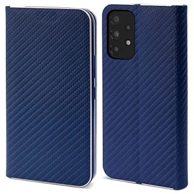 Abbildung von Moozy Hülle für Samsung A33 5G, Dunkelblau Carbon Metallischer Kantenschutz Klapphülle Handyhülle mit Kartenfach und Standfunktion