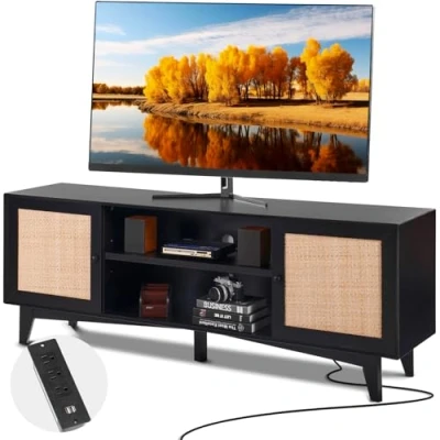 Abbildung von VEVOR Rattan TV Ständer für 191 cm Fernseher, Boho mit Rattantür, Fernsehschrank eingebauter Steckdose, Lagerschrank 2 Regalen, Moderne Konsole Wohnzimmer, Schwarz