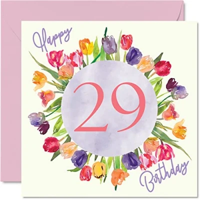 Abbildung von schöne Geburtstagskarten zum 29. Geburtstag für Frauen Aquarell Tulpen Blumen Bouquet Karte Ihre Tochter Tante Schwester Freund Geburtstagsgeschenke 145 mm florale Grußkarten Geschenk