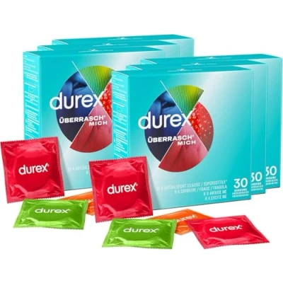 Abbildung von Durex Überrasch Mich Kondome Mix Mischung mit 4 verschiedenen Kondom Sorten zum Ausprobieren 180er Pack (6 x 30 Stück)