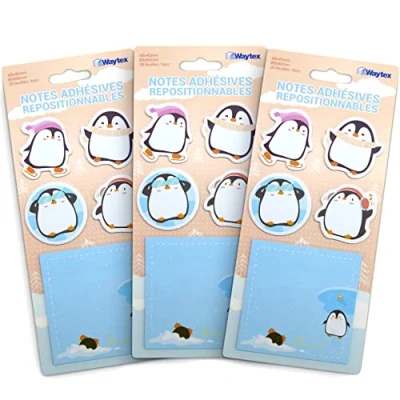 Abbildung von WAYTEX 300 Haftnotizen, wiederverwendbar, Fantasie, niedliche Tiere, 3 Aufsteller mit 100 Notizen, 4 Mini Blöcke in Pinguin Form und 1 quadratischer Block 8 x cm, bedruckt