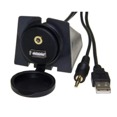 Abbildung von Auto USB Einbau Buchse 3,5mm Klinke Stecker KFZ Verlängerung AUX In Adapter