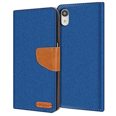 Abbildung von Verco für iPhone XR Hülle, Schutzhülle Apple Tasche Denim Textil Book Case Flip Klapphülle, Blau