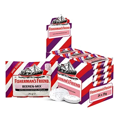 Abbildung von Fisherman’s Friend Beeren Mix, 24er Vorratsbox, Exklusive Sorte: Wild fruchtiger zuckerfrei, vegan, Bonbons für frischen Atem, 24 x 25g