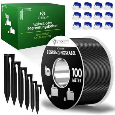 Abbildung von KESSER® Begrenzungskabel 100m + 350 Erdspieße 12 Kabelverbinder für Mähroboter Rasenmäher Rasenroboter Zubehör Set Begrenzungsdraht Universal kompatibel mit Gardena/Bosch/Worx/Einhell/Honda/ROBOMOW