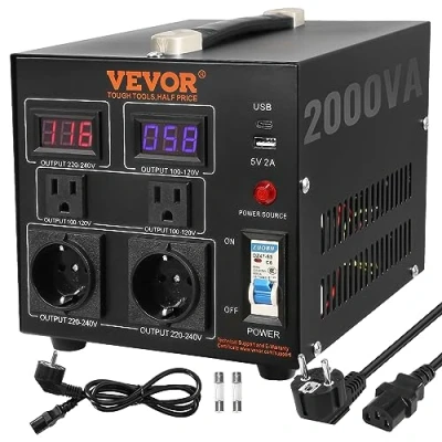Abbildung von VEVOR 2000W Spannungswandler Transformator AC 110V⇋220V Transformer Wandler 2X US NEMA 5 15R 3 polige/2x standardmäßige europäische Shucko Ausgangssteckdosen, 1x 5V USB Anschluss, Typ C Buchse