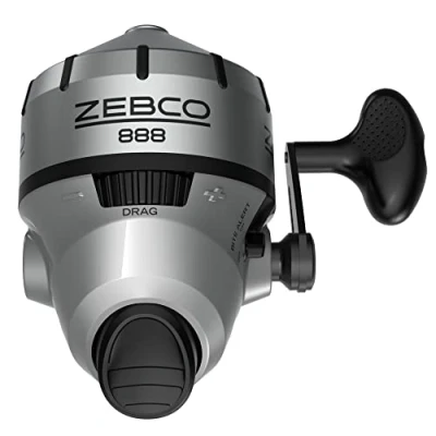 Abbildung von Zebco 888 Spincast Angelrolle Größe 80 Rolle Wechselbar Rechts oder Linkshänder Eingebauter Bissalarm 2,6:1 Übersetzungsverhältnis Vorgespult mit 11,3 kg Schnur Silber