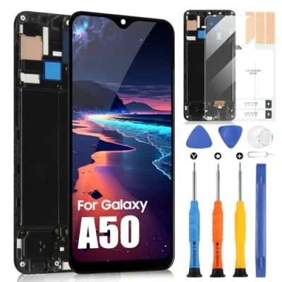 Abbildung von OLED Display für Samsung Galaxy A50 A505 SM A505F A505G A505W LCD Touchscreen Digitizer Ersatzteile Reparatur Werkzeugen (Schwarz mit Rahmen, unterstützt Entsperren per Fingerabdruck)