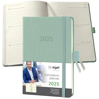 Abbildung von SIGEL C2573 Terminplaner Wochenkalender 2025, ca. A6, grün, Hardcover, 176 Seiten, Gummiband, Stiftschlaufe, Archivtasche, aus nachhaltigem Papier, Conceptum