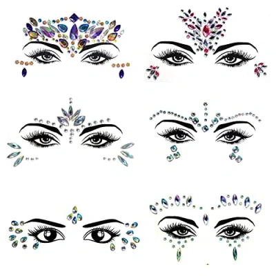 Abbildung von 6 Blatt Glitzersteine Gesicht, Gesicht Edelsteine Stick, DIY Strasssteine, Festival Glitzer für Kinder Kostüm Temporäre Tattoos Karneval Schminke Parties Make up