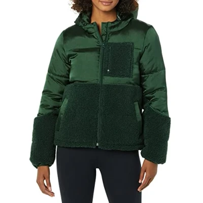 Abbildung von Amazon Essentials Damen Sherpa Puffer Jacke, Dunkelgrün Glänzend, XL