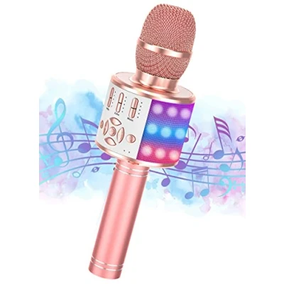 Abbildung von Magic Sing LED Karaoke Mikrofon Kinder, Drahtloses Bluetooth Spielzeug ab 3 12 Jahre Geschenk Mädchen KTV Lautsprecher mit Stimmenverzerrer, Heim Maschine für Android, iOS, PC(KP06 Rosé)