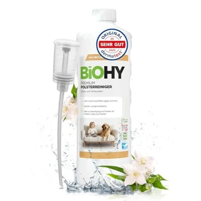 Abbildung von BiOHY Premium Polsterreiniger (1l Flasche) + Dosierer Bio Konzentrat für Polstermöbel, Sofas, Teppiche &amp; Textilien Nasssauger andere Geräte geeignet geruchslösender Fleckentferner