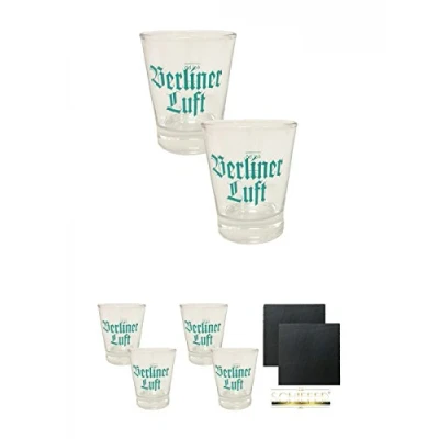 Abbildung von Berliner Luft Shot Glas 4cl 2 Stück + Schiefer Glasuntersetzer eckig ca. 9,5 cm Ø