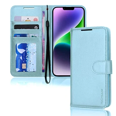 Abbildung von TECHGEAR hülle iPhone 14 Leder klappbar, PU Flip Schutzhülle Ledertasche [Brieftasche] Handyhülle mit Ständer und Handschlaufe Hellblau Kompatible (6,1&quot;)