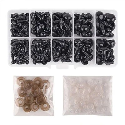 Abbildung von KUUQA 150 Stück 6 12mm Kunststoff Sicherheitsaugen Set mit Unterlegscheiben für Puppe, Marionette, Plüschtier (Schwarz)