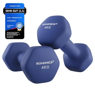 Abbildung von SONGMICS Hanteln, 2er Set, 2 x 4 kg, Hantelset, Kurzhanteln, Hexagon, Neopren Beschichtung, Krafttraining, Workout, Fitnesstraining, für Zuhause, hafenblau SYL908Q01