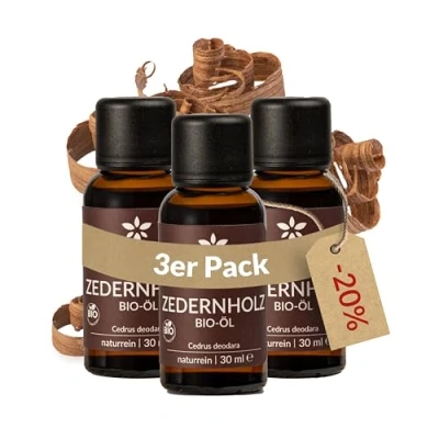 Abbildung von Heldengrün© Bio Zedernholzöl [100% NATURREIN] Zedernöl aus nachhaltigem Himalaya Zeder Echter Zedernholz Duft Ätherische Öle 3 x 30 ml